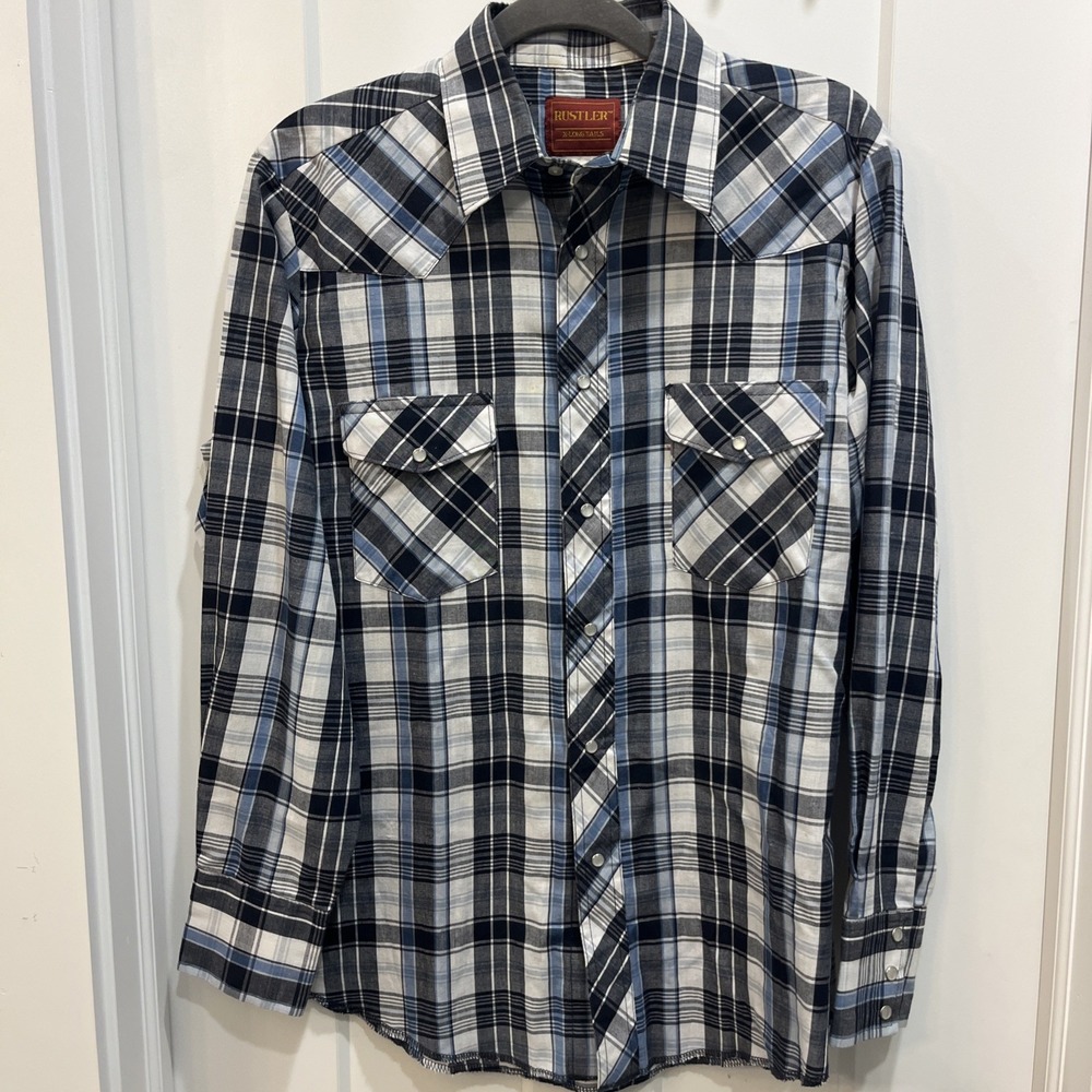 Rustler Mens Long Sleeve Lightweight X Long Tails Pearl Snap Shirt Size Medium